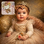 A chubby-cheeked baby in a 'Loved' onesie lounges against a rainbow-fur bear pillow in a pink crib, sporting a bow headband and giving the camera a curious, slightly regal stare — tiny royalty on plush thrones.