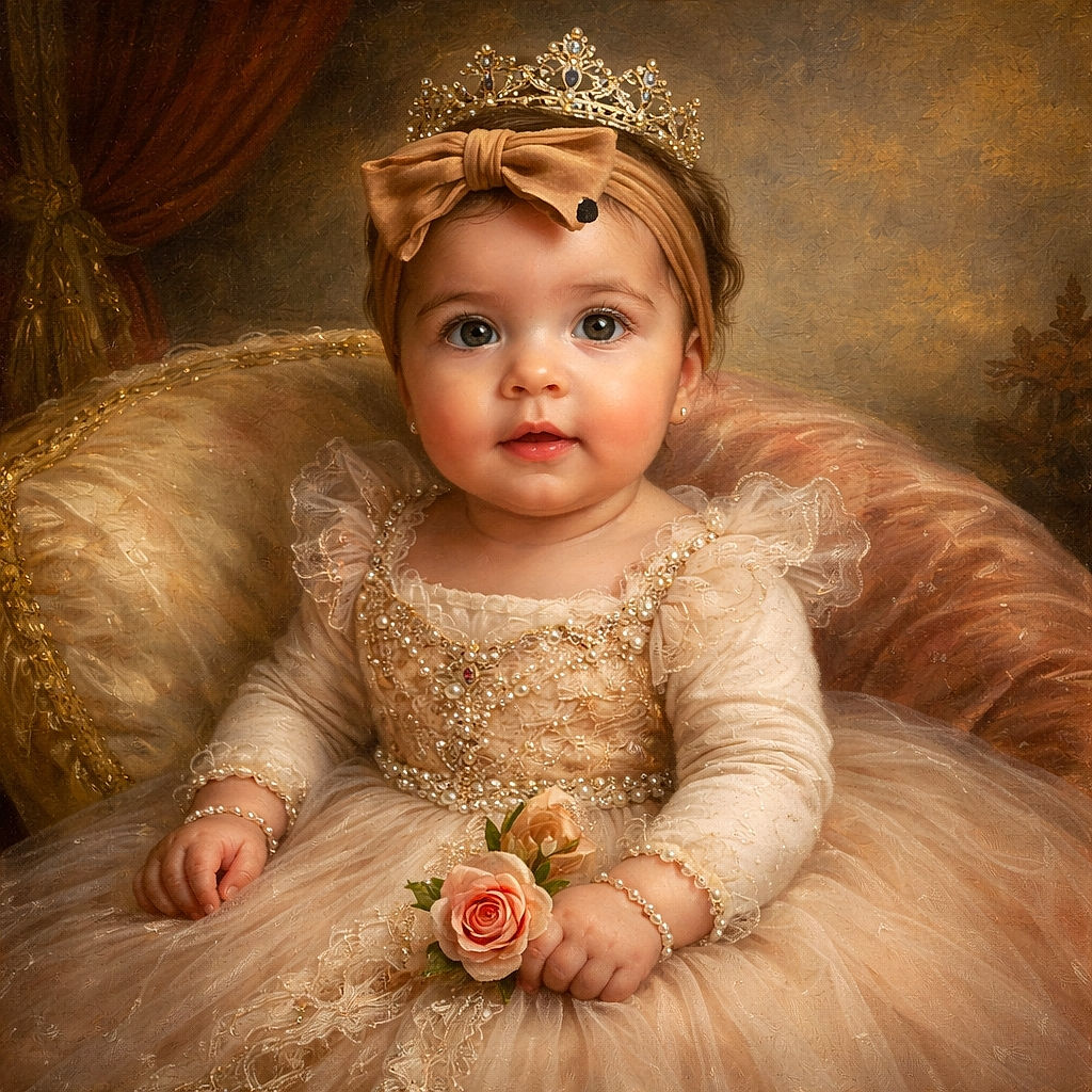 A chubby-cheeked baby in a 'Loved' onesie lounges against a rainbow-fur bear pillow in a pink crib, sporting a bow headband and giving the camera a curious, slightly regal stare — tiny royalty on plush thrones.