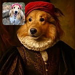 A happy Shetland Sheepdog wearing a pink visor hat, sitting outdoors on a gravel path with a grassy background, smiling with its mouth open and looking directly at the camera.