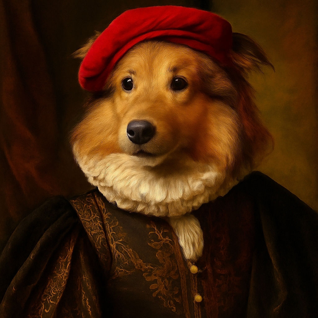 A happy Shetland Sheepdog wearing a pink visor hat, sitting outdoors on a gravel path with a grassy background, smiling with its mouth open and looking directly at the camera.
