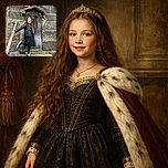 A cheerful young girl dressed in a black leather jacket and black dress strikes a playful pose on an old stone step, holding onto a handrail with one hand and kicking up one foot. She stands in front of a rustic wooden door set in a weathered stone wall, her long hair flowing and a bright smile lighting up her face.
