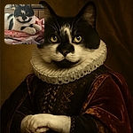 A charming black and white cat lounges comfortably on a pink Strawberry Shortcake cushion, with a cozy indoor setting and a colorful assortment of jewelry in the foreground.