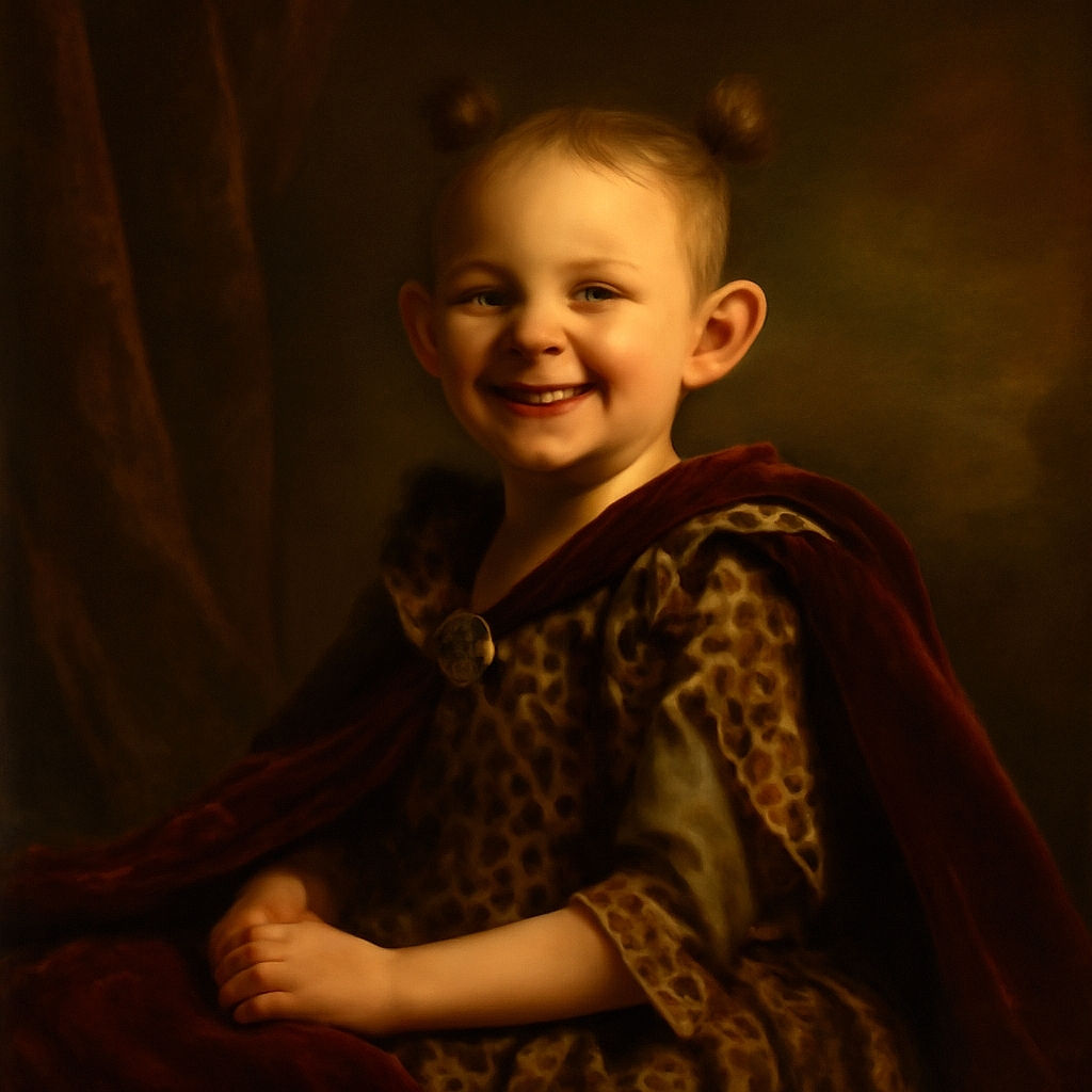 A cheerful toddler with tiny buns and a leopard print outfit beams widely while sitting on a colorful pink and purple blanket outdoors, soaking up the sunshine and spreading contagious joy.