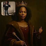 A young person stands indoors against a plain wall, wearing casual jeans and a black hoodie with a 'California San Francisco' t-shirt underneath. They are playfully pointing upwards with both index fingers, casting a quirky shadow on the wall behind them.