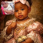 A cute baby with a big pink bow headband is being held by an adult with glittery nails and a ring, looking curiously at the camera in a bright indoor setting with other people blurred in the background.