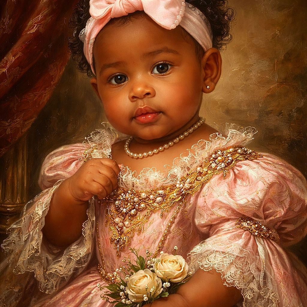 A cute baby with a big pink bow headband is being held by an adult with glittery nails and a ring, looking curiously at the camera in a bright indoor setting with other people blurred in the background.