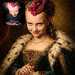 A mischievous child with light eyes and a pink butterfly hair clip looks up with a sly grin, hands clasped as if plotting a playful scheme, illuminated by a bright flash against a dark background with a patterned wall and computer screen faintly visible.