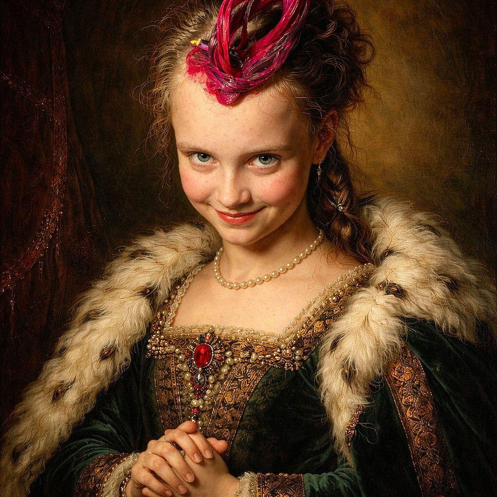 A mischievous child with light eyes and a pink butterfly hair clip looks up with a sly grin, hands clasped as if plotting a playful scheme, illuminated by a bright flash against a dark background with a patterned wall and computer screen faintly visible.