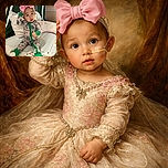 A cute baby wearing a playful pink bow headband and a Starbucks-themed onesie sits comfortably in a cozy crib surrounded by colorful blankets and pillows, looking curiously at the camera with a nasal tube in place.