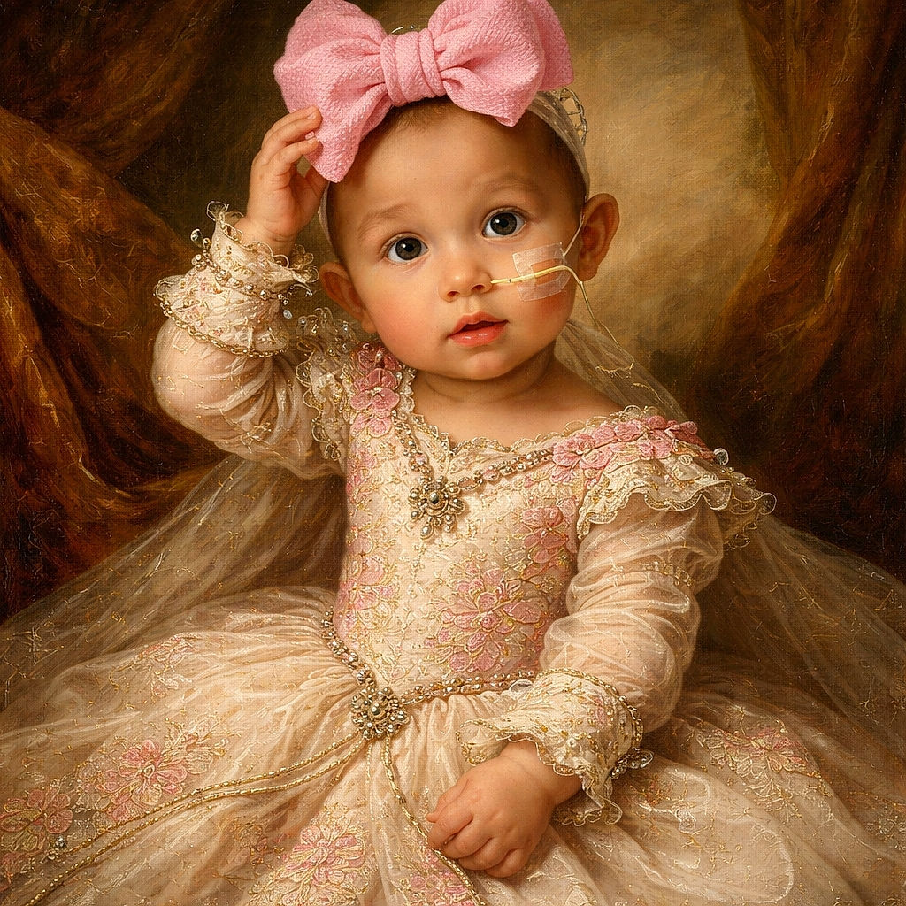 A cute baby wearing a playful pink bow headband and a Starbucks-themed onesie sits comfortably in a cozy crib surrounded by colorful blankets and pillows, looking curiously at the camera with a nasal tube in place.