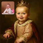A cheerful baby with bright blue eyes and rosy cheeks is joyfully crawling on a soft, textured white surface against a warm brown background, dressed in a delicate white patterned top and vibrant pink bottoms.