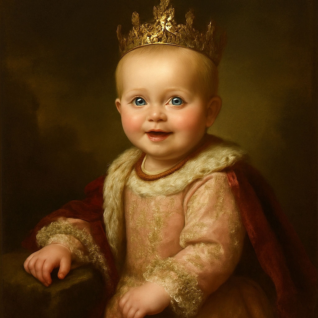 A cheerful baby with bright blue eyes and rosy cheeks is joyfully crawling on a soft, textured white surface against a warm brown background, dressed in a delicate white patterned top and vibrant pink bottoms.