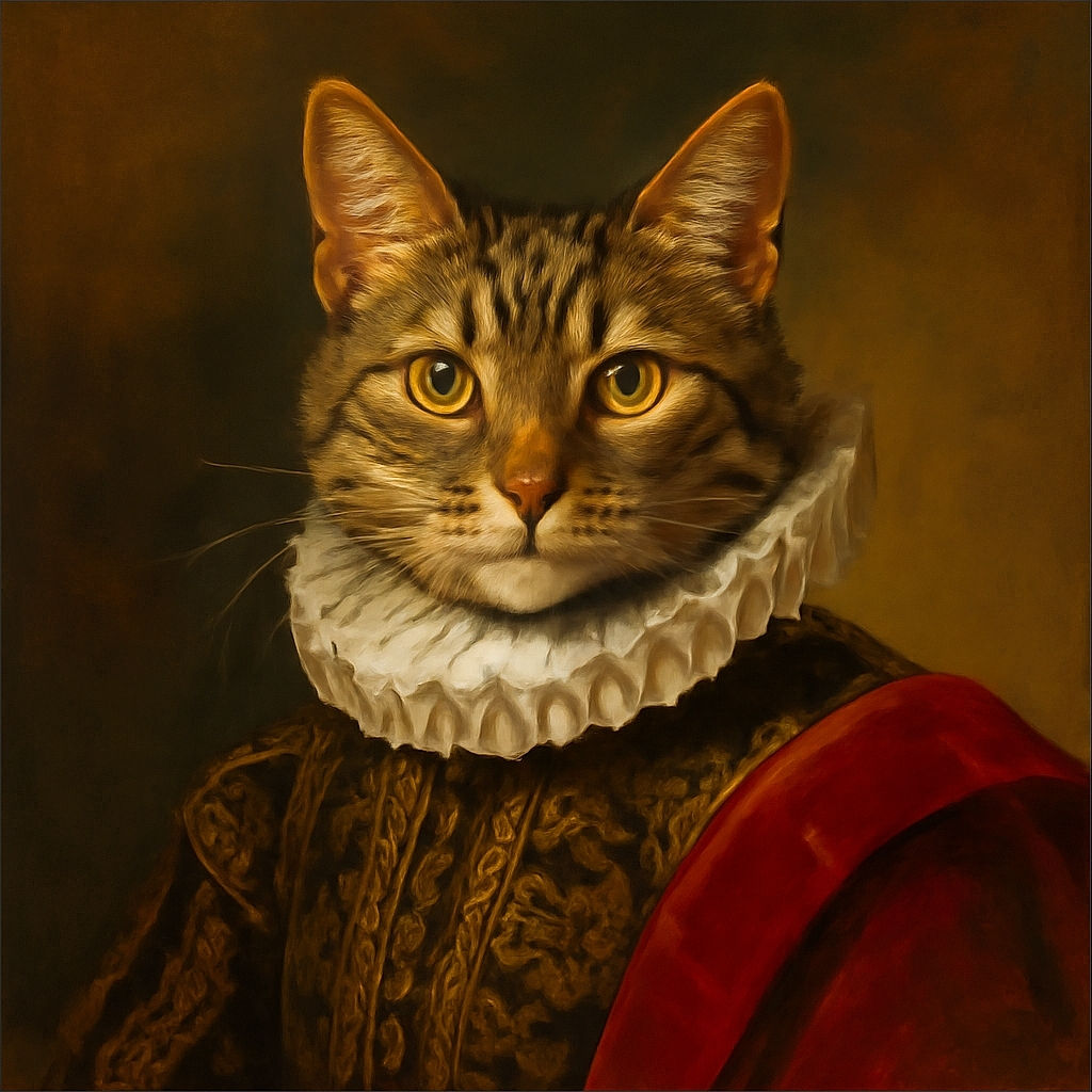 A curious tabby cat with wide eyes sits among ornamental vases and a decorative ceramic cat, all set against a rustic wooden wall with a framed picture of a robed figure in the background. The black and white filter adds a vintage charm to this cozy indoor scene.