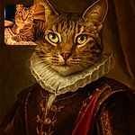 A close-up of a relaxed tabby cat with striking yellow eyes, lounging on a patterned quilt with warm lighting that highlights its soft fur and curious expression.