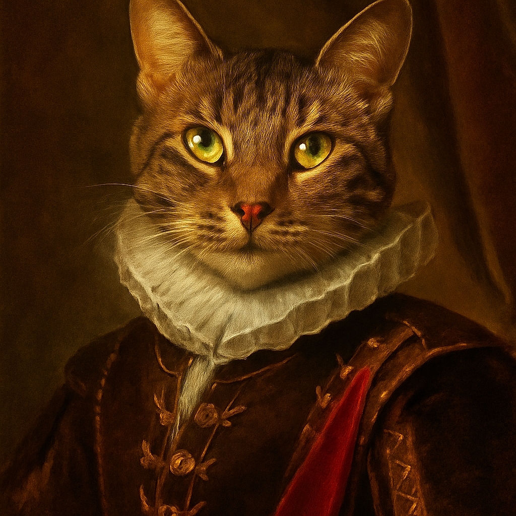 A close-up of a relaxed tabby cat with striking yellow eyes, lounging on a patterned quilt with warm lighting that highlights its soft fur and curious expression.