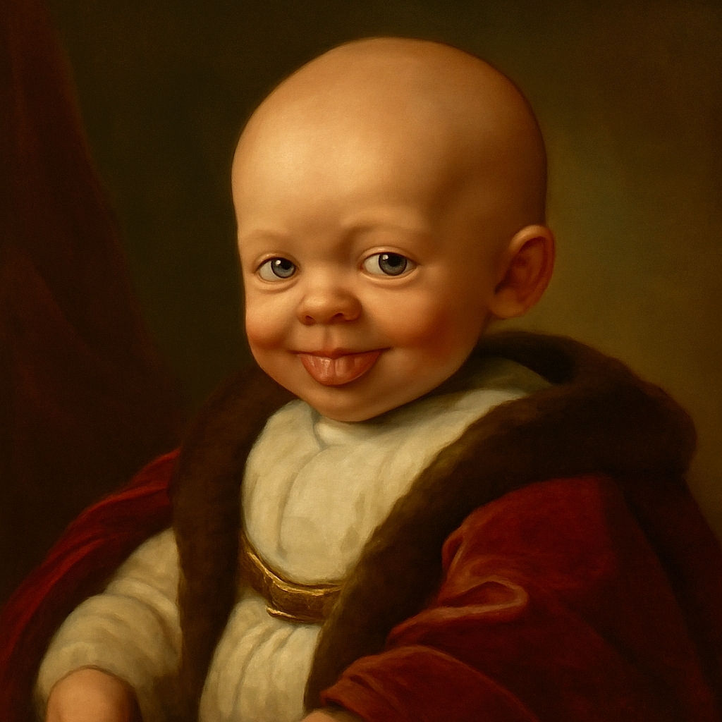 A close-up photo of a baby sticking out their tongue with wide eyes, wrapped in a white garment, sitting comfortably with a couch in the background.