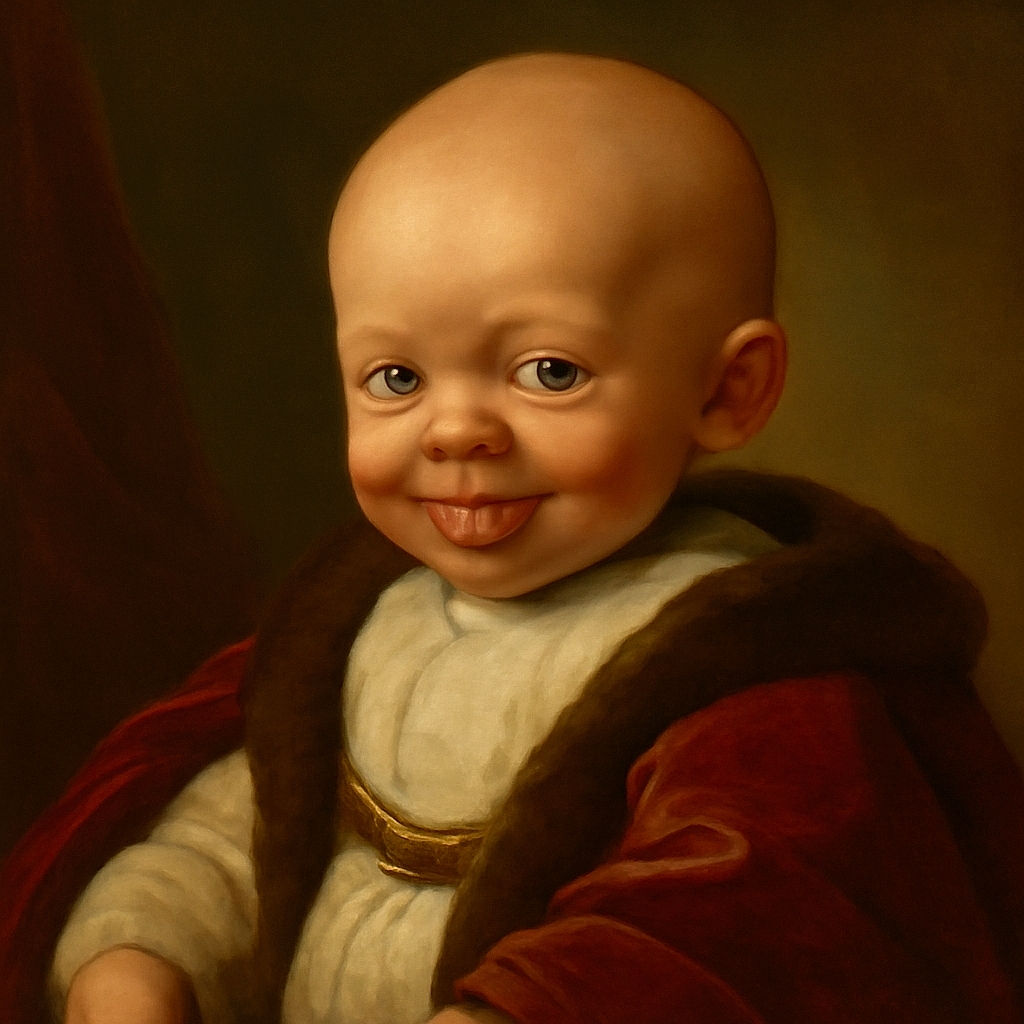 A close-up photo of a baby sticking out their tongue with wide eyes, wrapped in a white garment, sitting comfortably with a couch in the background.