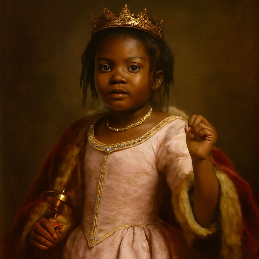 A young child with braided hair stands confidently in a casual room wearing a pink Hello Kitty pajama top and dark shorts. The background shows a TV screen, a gaming console, and scattered snacks and drinks on the carpet, giving a relaxed, lived-in vibe.