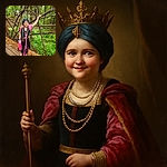 A cheerful young girl dressed in a colorful, playful outfit complete with necklaces and a turban, stands confidently on a wooden bridge in a lush forest, holding a bright pink gift bag and smiling at the camera amid rustic, twisted wooden railings.