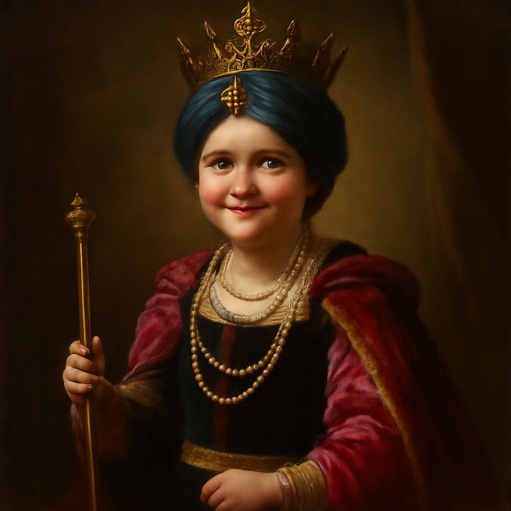 A cheerful young girl dressed in a colorful, playful outfit complete with necklaces and a turban, stands confidently on a wooden bridge in a lush forest, holding a bright pink gift bag and smiling at the camera amid rustic, twisted wooden railings.