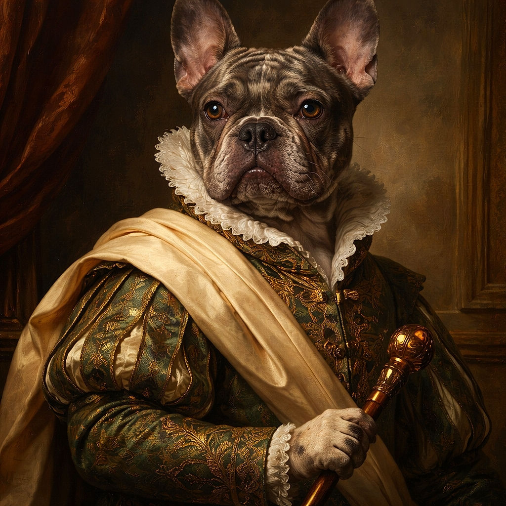 A fashion-forward (and slightly suspicious) French bulldog in a pastel hooded jacket sits on scuffed wooden floorboards, ears at full alert like tiny satellite dishes. Cables and a box sit blurred in the background while the dog gives a stoic, side-eye stare that says, "I tolerate this outfit — for now."