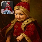 A cute baby wearing a festive red hat with a pom-pom and a red sweater featuring a holiday-themed Mickey Mouse design is sitting comfortably on a couch covered with a pink blanket. The baby has a mischievous smile and bright eyes, making the scene heartwarming and joyful.