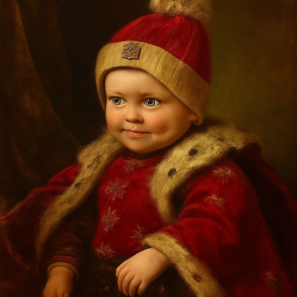 A cute baby wearing a festive red hat with a pom-pom and a red sweater featuring a holiday-themed Mickey Mouse design is sitting comfortably on a couch covered with a pink blanket. The baby has a mischievous smile and bright eyes, making the scene heartwarming and joyful.
