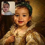 A smiling toddler with a green bandana tied in a cute top knot looks directly at the camera, wearing a slightly stained shirt, with a cozy indoor background featuring a photo frame on the wall.