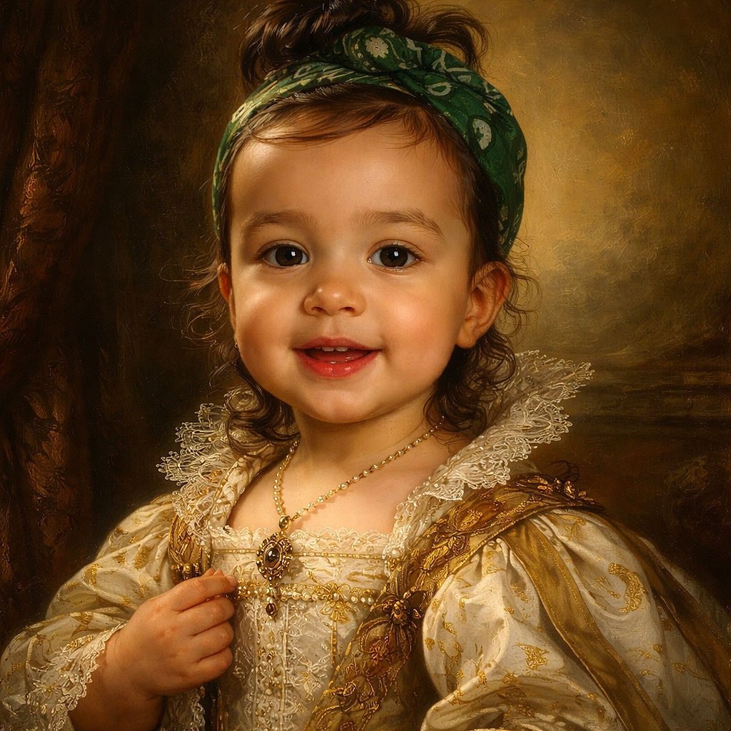 A smiling toddler with a green bandana tied in a cute top knot looks directly at the camera, wearing a slightly stained shirt, with a cozy indoor background featuring a photo frame on the wall.