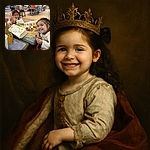 Two joyful little girls enjoying a fun meal at Burger King, surrounded by crowns and tasty fries, one girl flashing a big smile with a sauce-stained chin while the other sips a bright red drink with wide eyes full of excitement.
