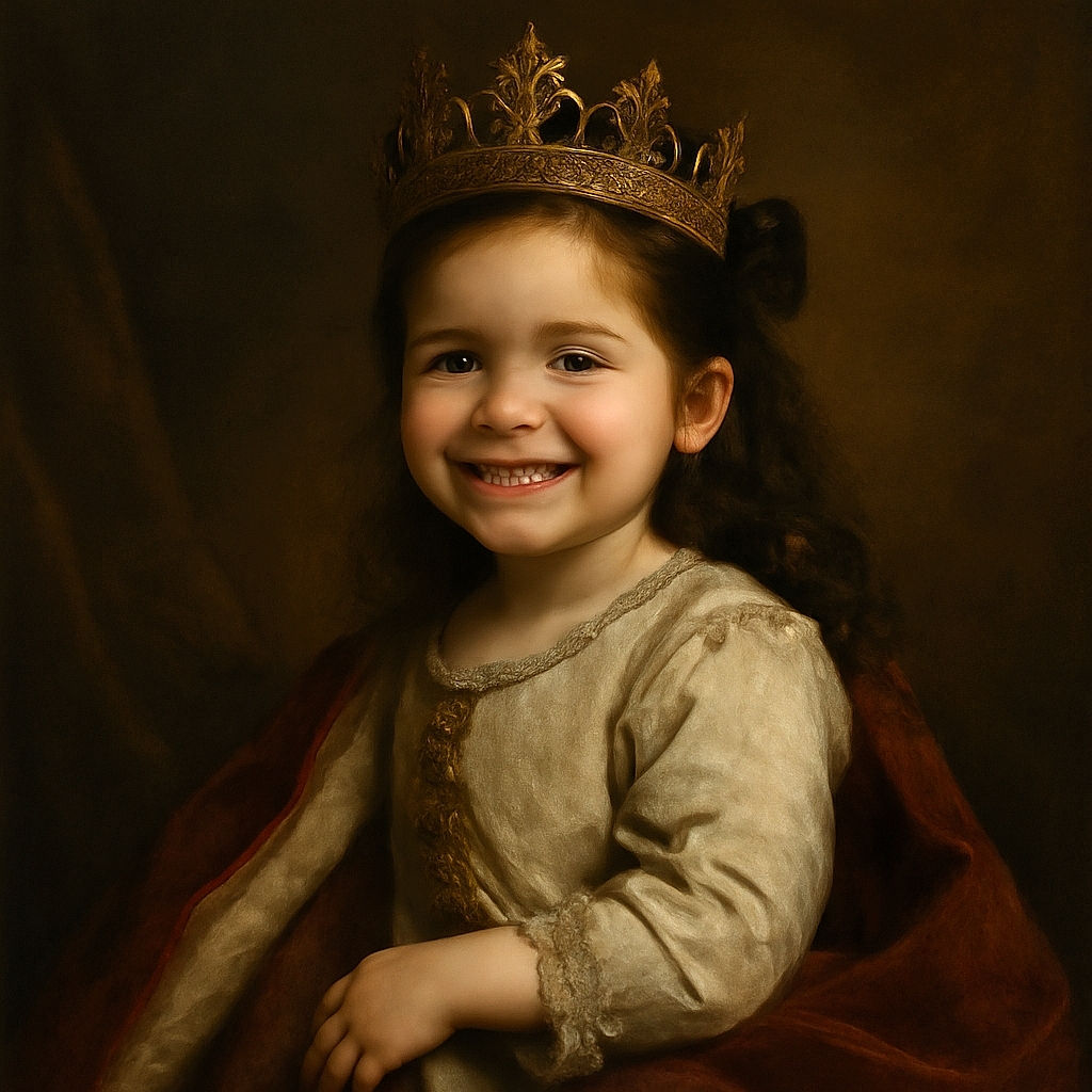 Two joyful little girls enjoying a fun meal at Burger King, surrounded by crowns and tasty fries, one girl flashing a big smile with a sauce-stained chin while the other sips a bright red drink with wide eyes full of excitement.