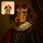 A charming dachshund puppy with a playful expression is wearing red-tinted round sunglasses perched on its head, licking its nose against a smooth beige backdrop, capturing a moment of pure canine cuteness and style.