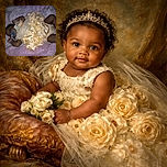 A peaceful sleeping baby dressed in a fancy cream-colored dress adorned with large satin roses, lying on a soft pink blanket with a blue pacifier in mouth, capturing a serene and heartwarming moment.