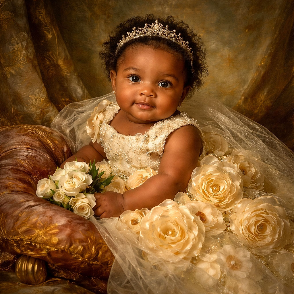 A peaceful sleeping baby dressed in a fancy cream-colored dress adorned with large satin roses, lying on a soft pink blanket with a blue pacifier in mouth, capturing a serene and heartwarming moment.