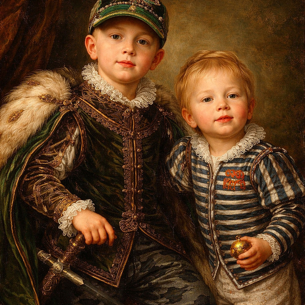 Two little rascals in front of a wooden gate — one sitting solemn in a camo set and cap, the other standing mid-squint/stick-out-tongue like he just tasted a lemon. Stone pillar, mossy step and grass complete the backyard scene; pure chaotic charm.