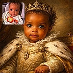 A wide-eyed baby with adorable curly hair stares curiously at the camera, dressed in a cozy white outfit adorned with playful animal patches of a lion, tiger, and zebra, nestled comfortably on soft cushions.