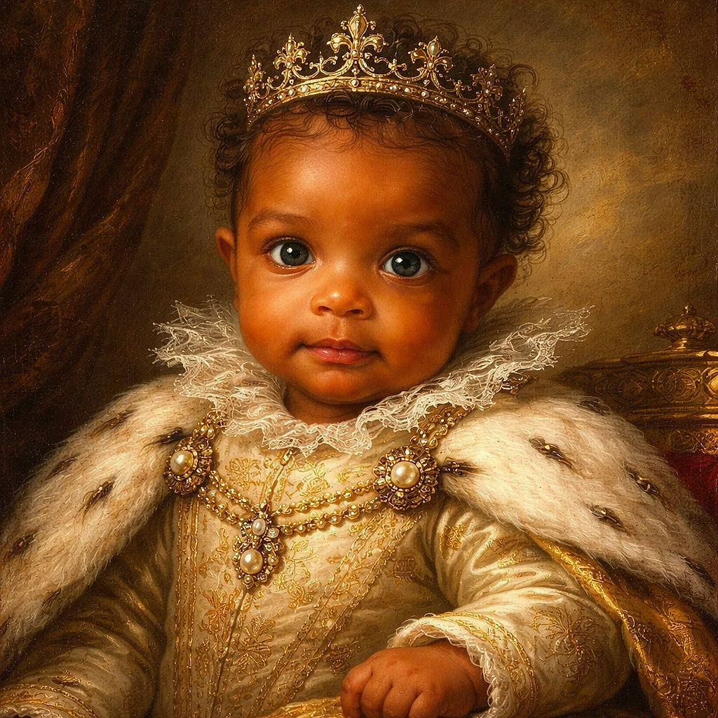 A wide-eyed baby with adorable curly hair stares curiously at the camera, dressed in a cozy white outfit adorned with playful animal patches of a lion, tiger, and zebra, nestled comfortably on soft cushions.