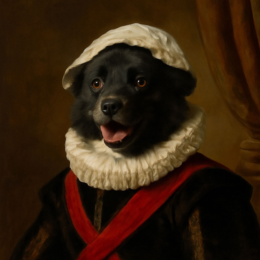 A happy black and white dog wearing a white hat and red harness is lying on sandy ground, smiling with its mouth open. A person's hand is gently touching the dog's head, and a stroller and some shoes are visible in the background, giving a cozy beach day vibe.
