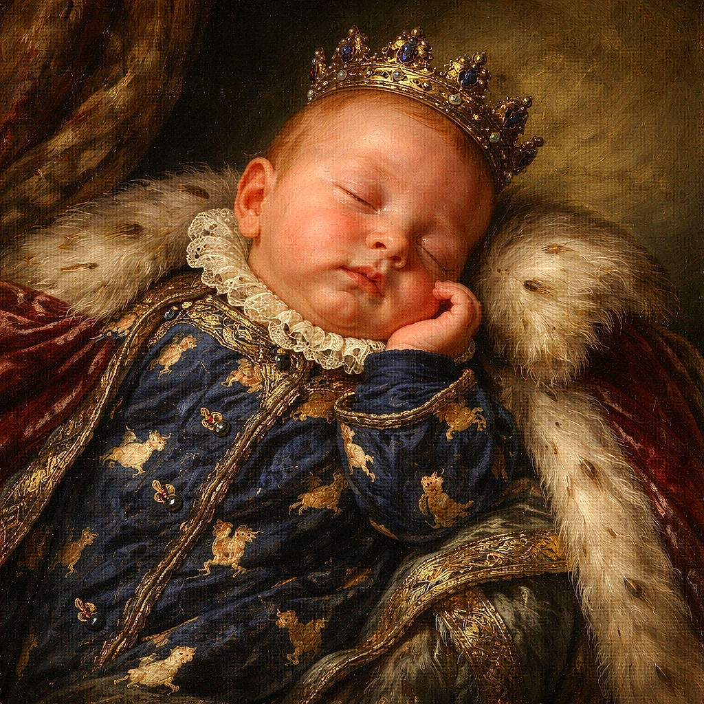 A sleepy newborn is snuggled up in a patterned onesie while a loyal dog curls up behind like a fluffy bodyguard — a cozy nap interrupted only by a watch-wearing hand gently nearby.