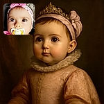 A close-up of an adorable baby with wide, curious brown eyes, wearing a pink headband with a bow and a matching pink outfit, sucking on a colorful pacifier with a cute yellow duck design. The background is softly blurred, focusing all attention on the baby's expressive face.