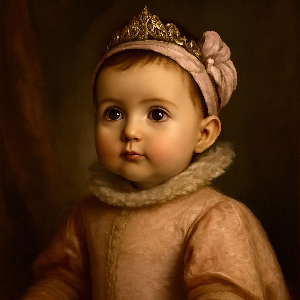 A close-up of an adorable baby with wide, curious brown eyes, wearing a pink headband with a bow and a matching pink outfit, sucking on a colorful pacifier with a cute yellow duck design. The background is softly blurred, focusing all attention on the baby's expressive face.