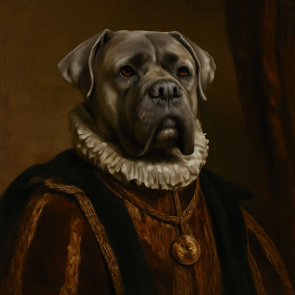 A large dog with a serious expression lounges on a patch of green grass, half in shadow and half in sunlight, wearing a black harness that adds a touch of adventure-ready style.
