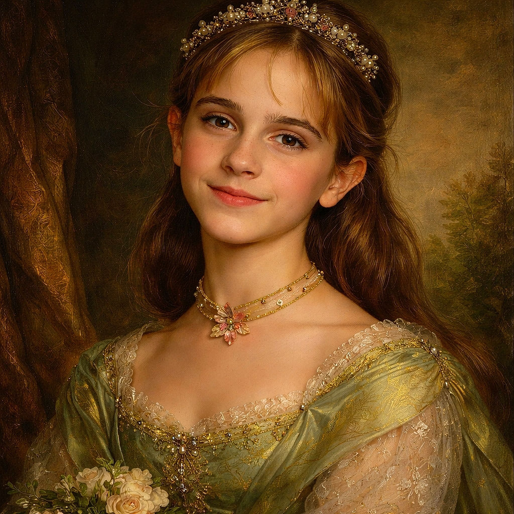 A confident young girl in a shimmery green dress and a floral choker gives a subtle, knowing smile — freckles, glossy lips, and soft lighting make her look like a pint‑sized celebrity as the background melts into a blur of onlookers.