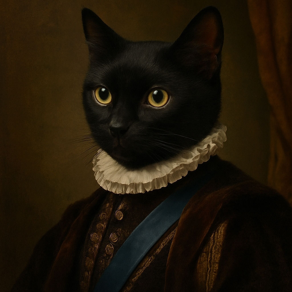 A curious black cat with big, wide eyes is perched on a dark cloth surface, looking intently at something off-camera. The background features a speckled floor and part of a wooden chair leg, giving a cozy indoor vibe.