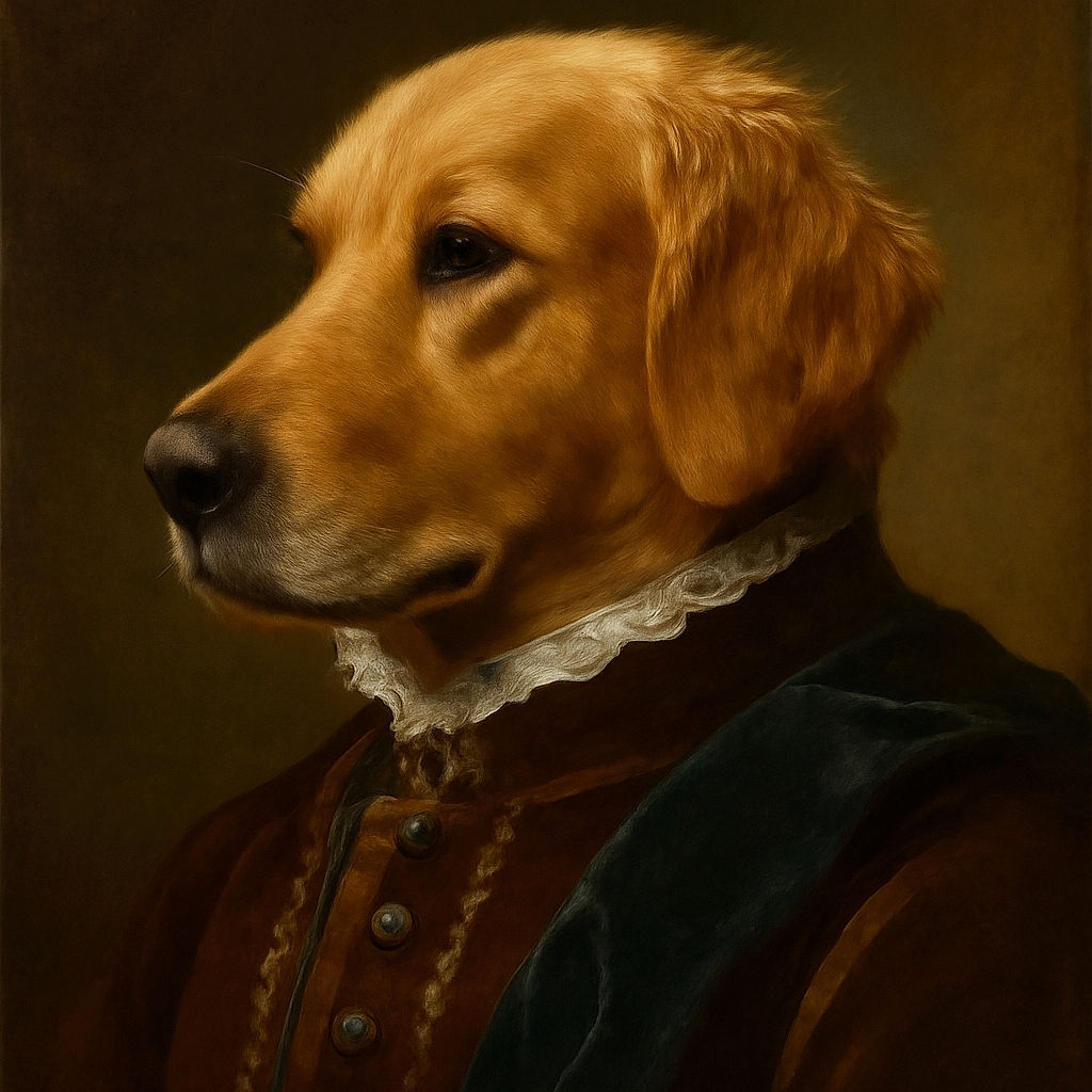 A close-up profile of a golden retriever with soft, fluffy fur and soulful eyes, gazing thoughtfully into the distance in a cozy indoor setting.