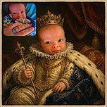A wide-eyed baby peeks out from a riotously colorful blanket while an adult hand gently holds the tiny bundle—clearly the infant's first undercover mission, complete with a floral bib disguise and maximum cuddle security.