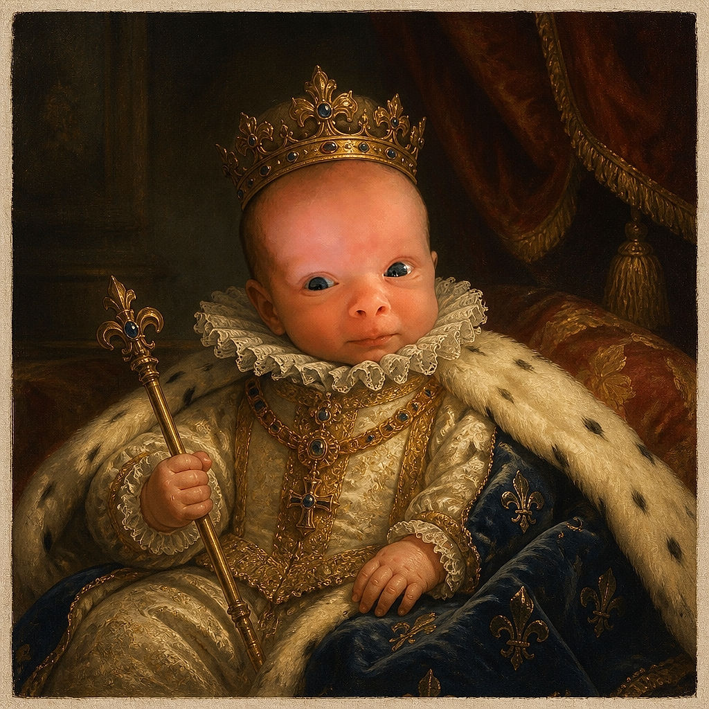 A wide-eyed baby peeks out from a riotously colorful blanket while an adult hand gently holds the tiny bundle—clearly the infant's first undercover mission, complete with a floral bib disguise and maximum cuddle security.
