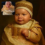 A cozy newborn bundled in soft pastel clothes and a tiny hat, looking curiously off to the side while wrapped in a warm blanket, all set against a dark background that makes the baby glow.