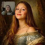 A playful child in the foreground makes a goofy face with mouth wide open, while another child wrapped in a blanket lounges on a couch in the background, all set in a cozy dimly lit room with framed pictures on the wall and a TV screen glowing.