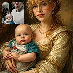 A cozy snapshot featuring a woman with curly hair and round glasses holding a wide-eyed baby dressed in a blue and gray outfit, set against a softly lit kitchen backdrop.